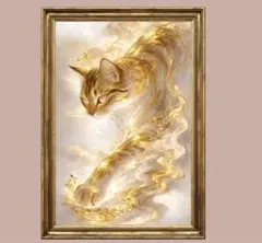 黄金の猫が幸福を撒く開運グラフィックアート　額縁付き