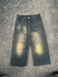 ワイドレッグデニムパンツ ダークブルー フェード加工