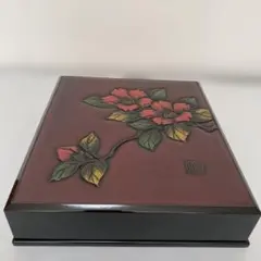 木製色紙箱　椿彫色模様　ワイン色　未使用