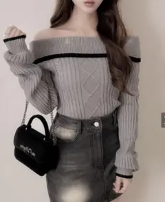 GRL 配色ケーブル編みオフショルダーニットトップス lt140