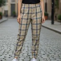 美品 GU ジーユー カジュアルパンツ M ベージュ チェック柄 ゴムウエスト