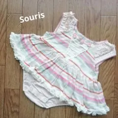 Souris　ロンパース　ワンピース　70　ピンク　ボーダー　花のサムネイル