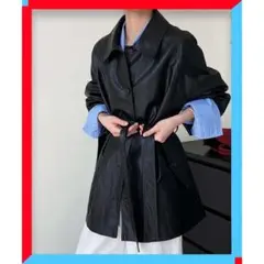 新品 エコレザーロングジャケットアウター ブラウンジャケット 上品な光沢感高見え