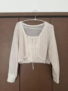 アイボリー 透かし編み クロップドカーディガン