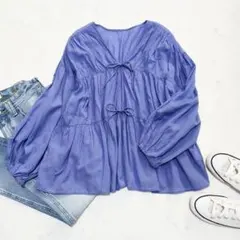 グリーンレーベルリラクシング ギャザー ブラウス ティアード リボン ブルー