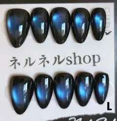 519:ブラック/ブルー マグネット強めネイルチップ☆Lサイズ