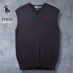 ポロラルフローレン 上質コットン　Vネックニットベスト M 赤ポニー ネイビー