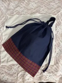 【即買いOK】赤チェック＆紺　持ち手つき体操服袋