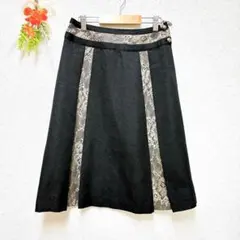 サウストゥーサウス【M】膝下デザインスカート　Aライン レース ゴールドブラック