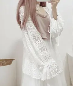 【完売品】透かし編み レースカーディガン リボン袖 ホワイト