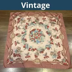 Vintage ヴィンテージ　木の実フルーツと花のデザイン スカーフ　手縫い