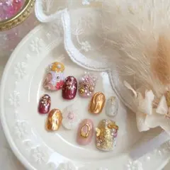 現品❤オレンジゴールド 和柄手描き ぷっくりフラワー 成人式 振り袖ネイルチップ