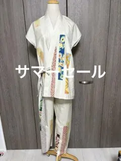 着物リメイク　しつけ付き訪問着　紬地絞り　短冊更紗花文　金彩正絹から袖なし作務衣のサムネイル
