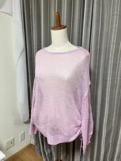 秋冬オーバーサイズニット ピンク 透かし編み