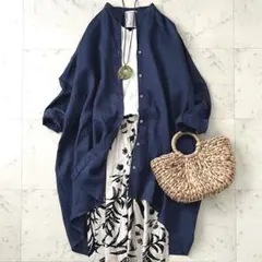 美品＊ビアズリー リネンスキッパーワンピース F ネイビー紺 麻100