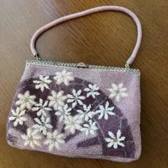 パープル　花柄刺繍ビーズバッグ