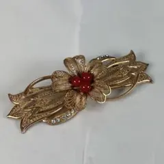 C96 ヴィンテージ 透かし金細工 花ブローチ 赤珊瑚風 フィリグリー