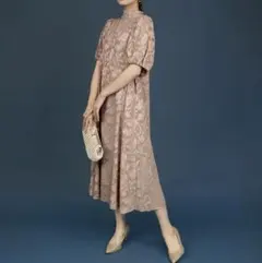 J by blue インナー付きバックリボンジャガードドレス ピンクベージュ