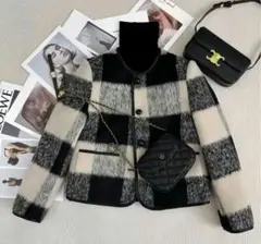 ノーカラーチェックジャケット ブラック・ホワイト　新品