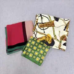 スカーフ 3点まとめ 大判 グリーン系 クリーム色 総柄 シルク100有