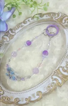 【バラ】キラキラビーズストラップ ★バックチャーム スマホストラップ