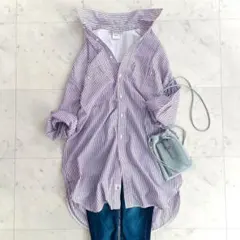 美品 スピックアンドスパン ロング シャツ チュニック ストライプ パープル F