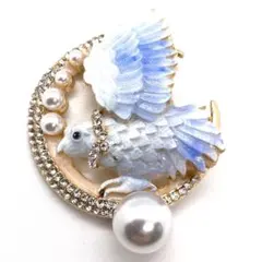 鳥×月モチーフ ブローチ ブルー ラインストーン パール 可愛い 上品