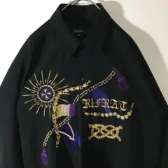【個性派古着】長袖デザインシャツ　豪華刺繍　黒　マリン柄　光沢あり　派手　M