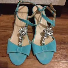 ターコイズグリーン　ブルー　キラキラ　ラインストーン付き　ストラップ　サンダル