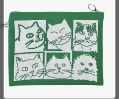新品タグ付き猫柄 ニットジャガード ポーチ グリーンのサムネイル