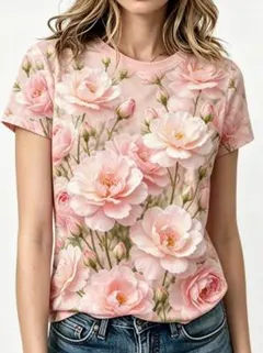 イラスト　花柄　ローズ　アート　ピンク　レディース　Tシャツ　Lサイズ