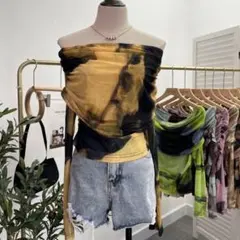 Y2k オフショルダーマーブル柄シースルートップス イエローブラック