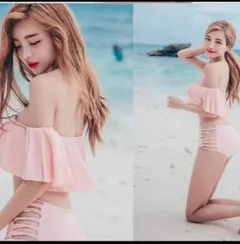 水着 ビキニ オフショルダー フリル 編み上げ セクシー ハイウエスト S