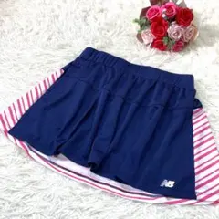 ニューバランス　スコート　スカート　白×ピンク　ボーダー　ネイビー　テニス　L