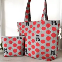 【ハンドメイド】ドット　猫　巾着トートバッグポーチセット　エチノ　ギフト