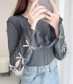 袖リボン　シアージャガードプルオーバー　グレー