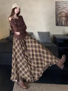 大人気❤️チェック柄セットアップ　ロング　冬春コーデ　デートに最適