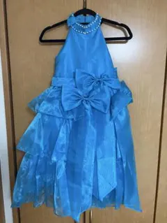 【美品】青いハイネックドレス パールビーズ付き【同系色のリボンヘアクリップ付き】