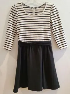 ボーダー柄 7分袖ミニワンピース ブラック 異素材 リボン 匿名配送