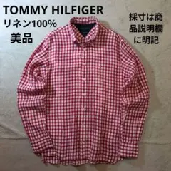 トミーヒルフィガー 胸ロゴ リネン ボタンダウン ギンガムチェックシャツ 白×赤