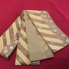 オリーブグリーン花柄半幅帯C 中古　リメイク材料　ポリエステル