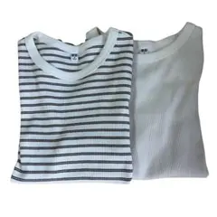 UNIQLO★リブTシャツ 5分袖 M 2枚セット ボーダー 無地 オフホワイト