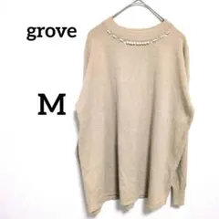 grove グローブ　長袖ニット ベージュ パール ビジュー装飾
