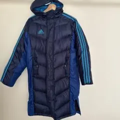 試着のみ✨adidasベンチコート160cm アディダス　中綿ジャケット　ブルー アディダス(adidas) ベンチコート 3ストライプロングコート