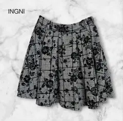イング グレンチェック花柄フロッキー ミニスカート フレア M 大人かわいい