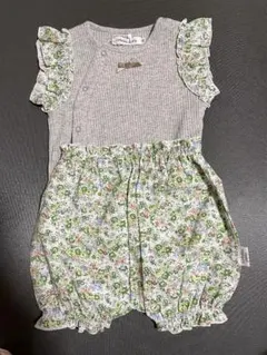 フリル付き 花柄 ロンパース 80cm 緑 グレー グリーン ベビー