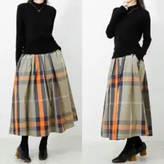 美品 TRUBE フレアスカート チェック柄 グレー オレンジ