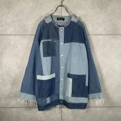 デニムシャツ　パッチワーク　ツギハギ　90s　切りっぱなし　デカポケ　当時物　青