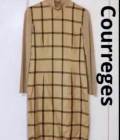 Courreges クレージュ チェック 長袖ひざ丈ワンピース ベージュ 11号のサムネイル