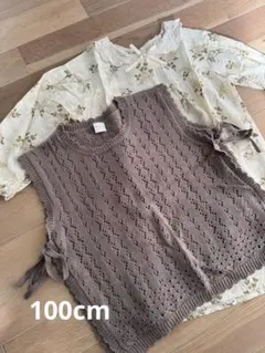 ブラウンニットベストと花柄ワンピースセット